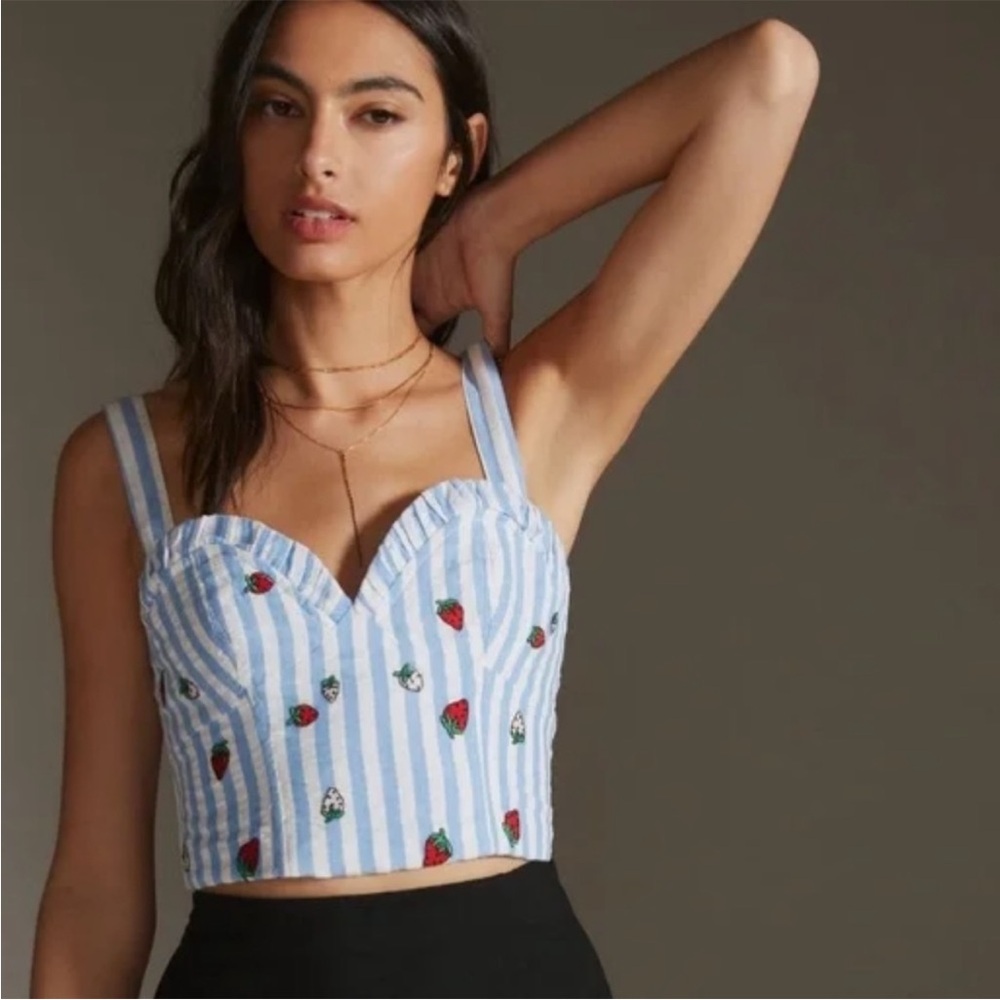 ANTHROPOLOGIE MAEVE STRIPED STRAWBERRY EMBROIDERED‎ CROPPED CAMI COTTAGE-CORE